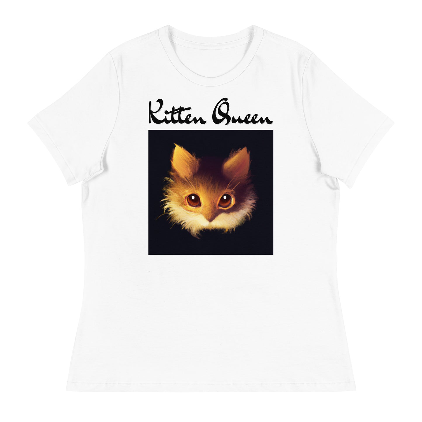 Women's White T-Shirt with Fluffy Orange Cat Portrait with a text "Kitten Queen" at $25.97 found at Personalizedpetlovergifts