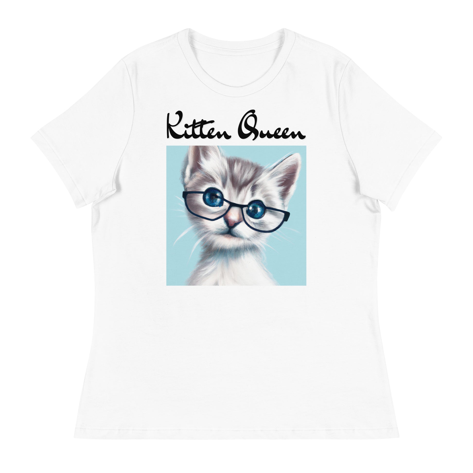 Women's White T-Shirt with Fluffy Kitten With Glasses with a text "Kitten Queen" at $25.97 found at Personalizedpetlovergifts