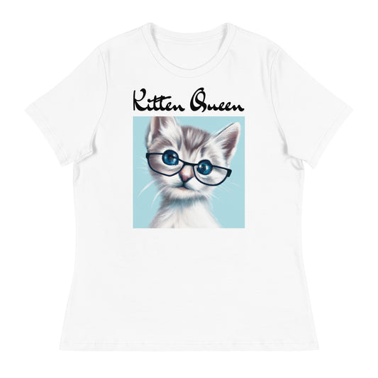 Women's White T-Shirt with Fluffy Kitten With Glasses with a text "Kitten Queen" at $25.97 found at Personalizedpetlovergifts