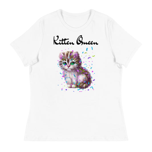 Women's White T-Shirt with Fluffy Kitten With Confetti with a text "Kitten Queen" at $25.97 found at Personalizedpetlovergifts