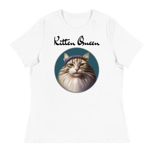 Women's White T-Shirt with Fluffy Kitten With a Wool Headband with a text "Kitten Queen" at $25.97 found at Personalizedpetlovergifts