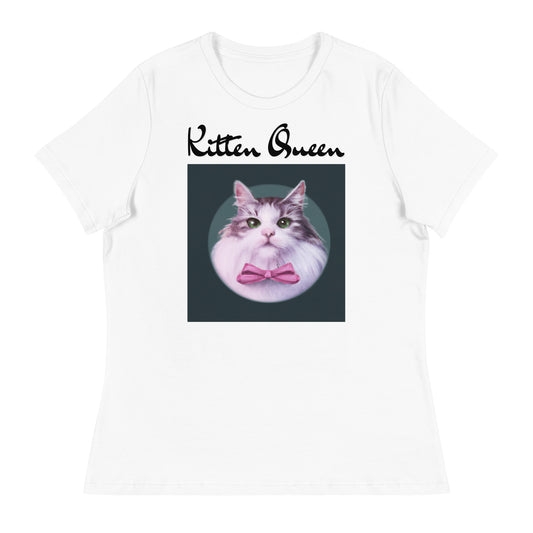 Women's White T-Shirt with Fluffy Kitten With a Pink Bow with a text "Kitten Queen" at $25.97 found at Personalizedpetlovergifts