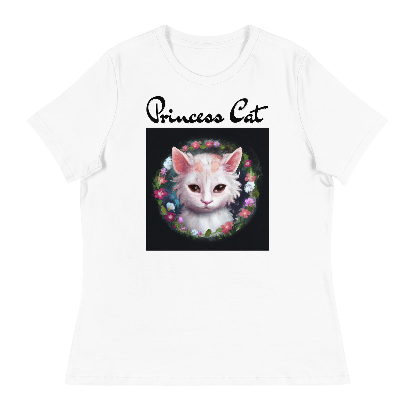 Women's White T-Shirt with Kitten In a Floral Circle with a text "Princess Cat" at $25.97 found at Personalizedpetlovergifts