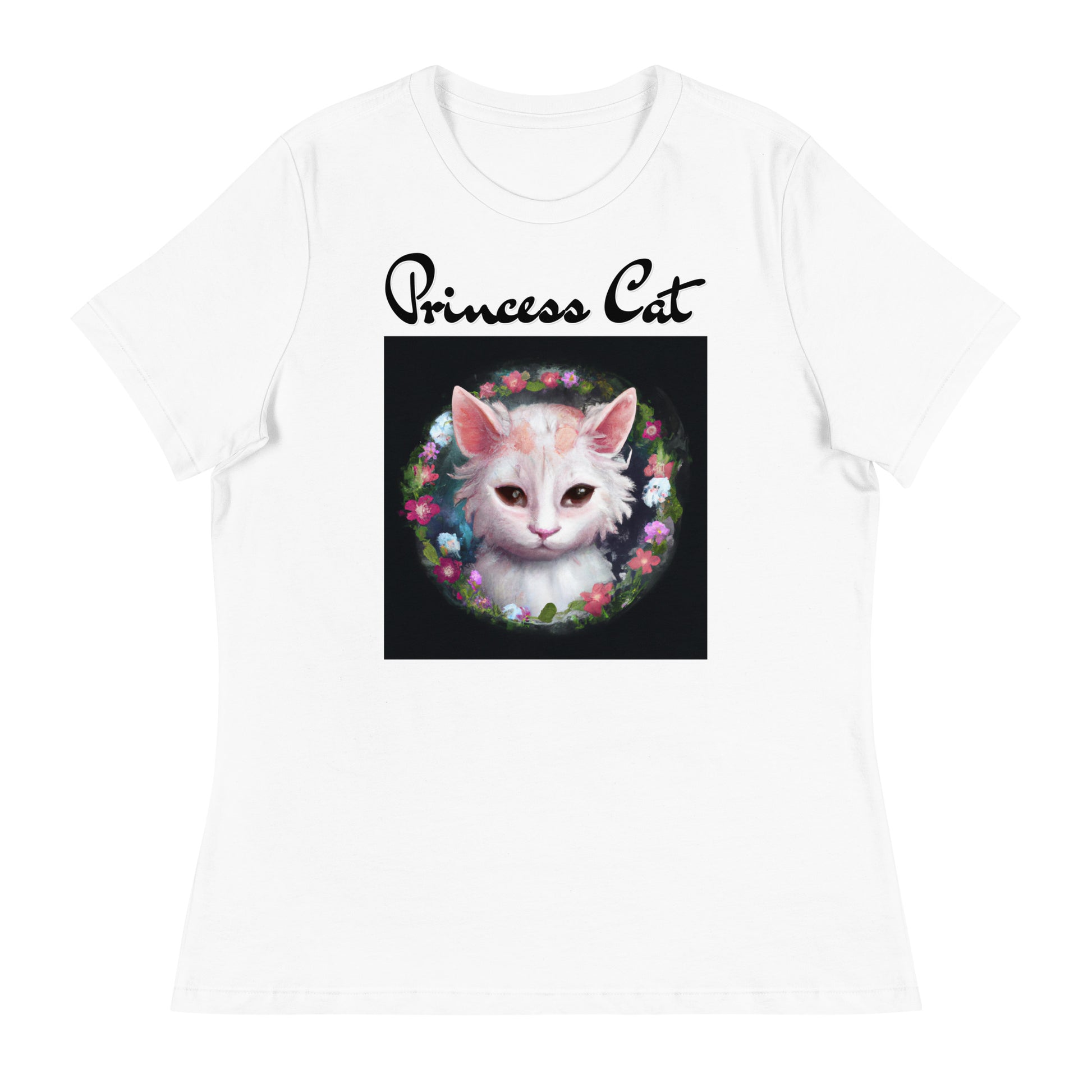 Women's White T-Shirt with Kitten In a Floral Circle with a text "Princess Cat" at $25.97 found at Personalizedpetlovergifts