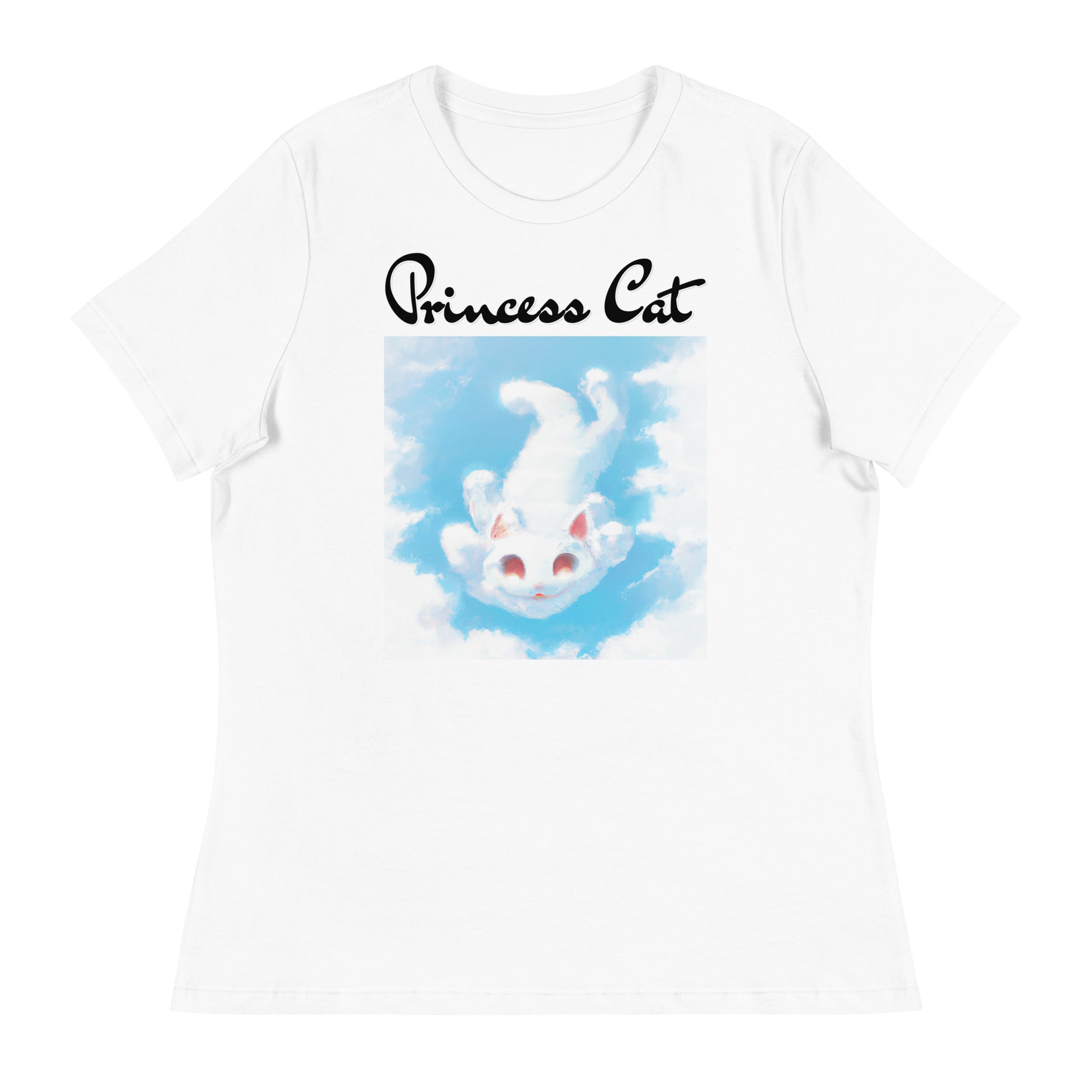 Women's White T-Shirt with Kitten Flying In The Sky with a text "Princess Cat" at $25.97 found at Personalizedpetlovergifts