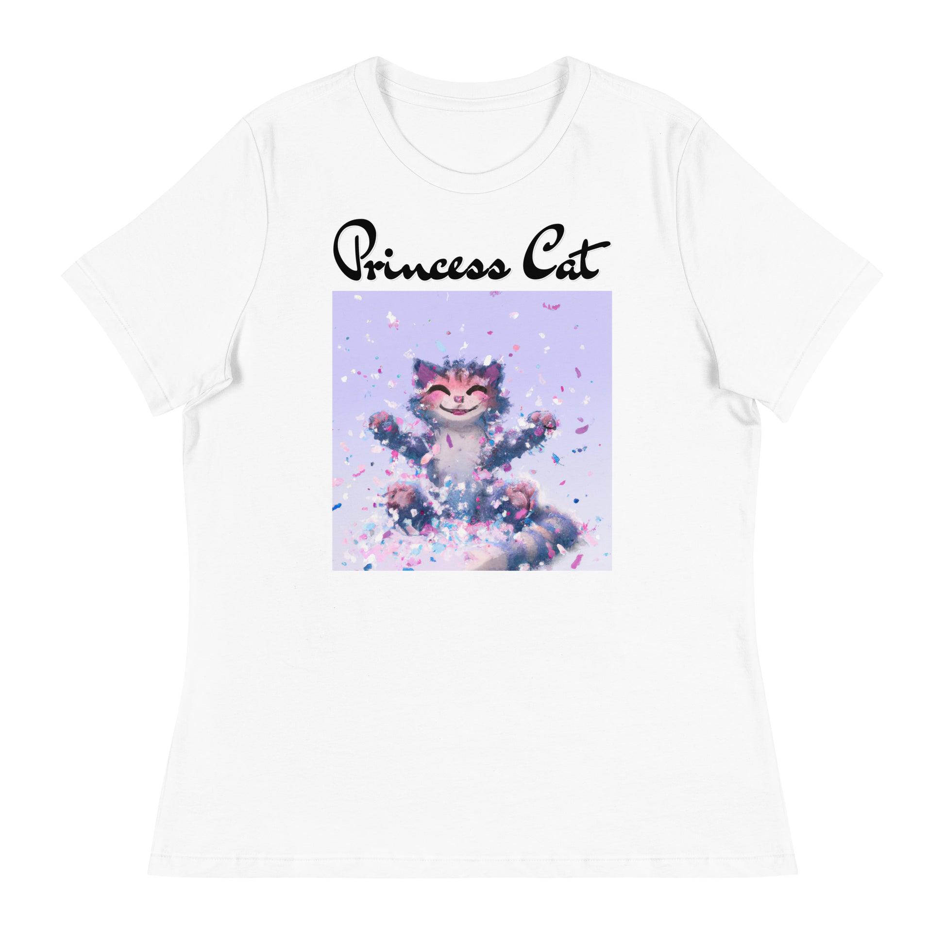 Women's White T-Shirt with Kitten Enjoying Confetti with a text "Princess Cat" at $25.97 found at Personalizedpetlovergifts