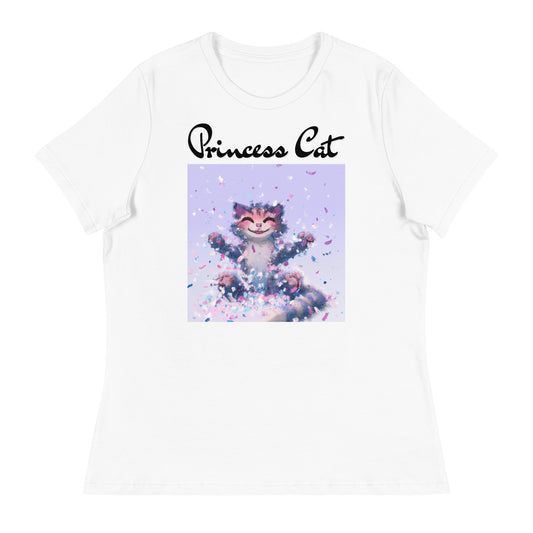 Women's White T-Shirt with Kitten Enjoying Confetti with a text "Princess Cat" at $25.97 found at Personalizedpetlovergifts