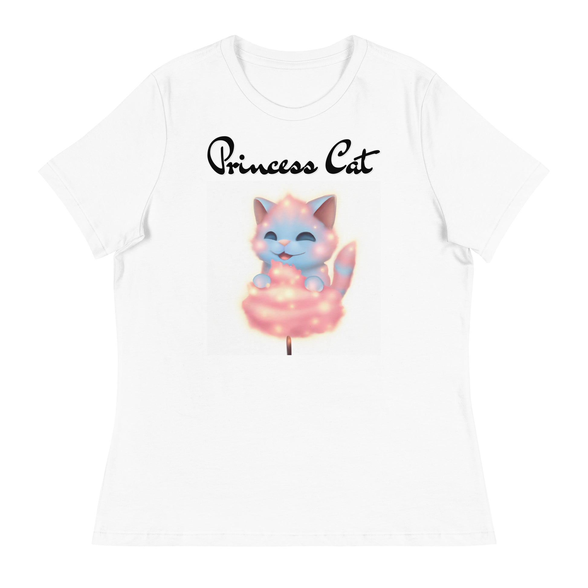 Women's White T-Shirt with Kitten Enjoying a Cotton Candy with a text "Princess Cat" at $25.97 found at Personalizedpetlovergifts