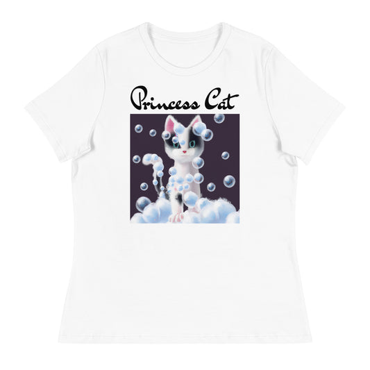 Women's White T-Shirt with Kitten Covered In Bubbles with a text "Princess Cat" at $25.97 found at Personalizedpetlovergifts