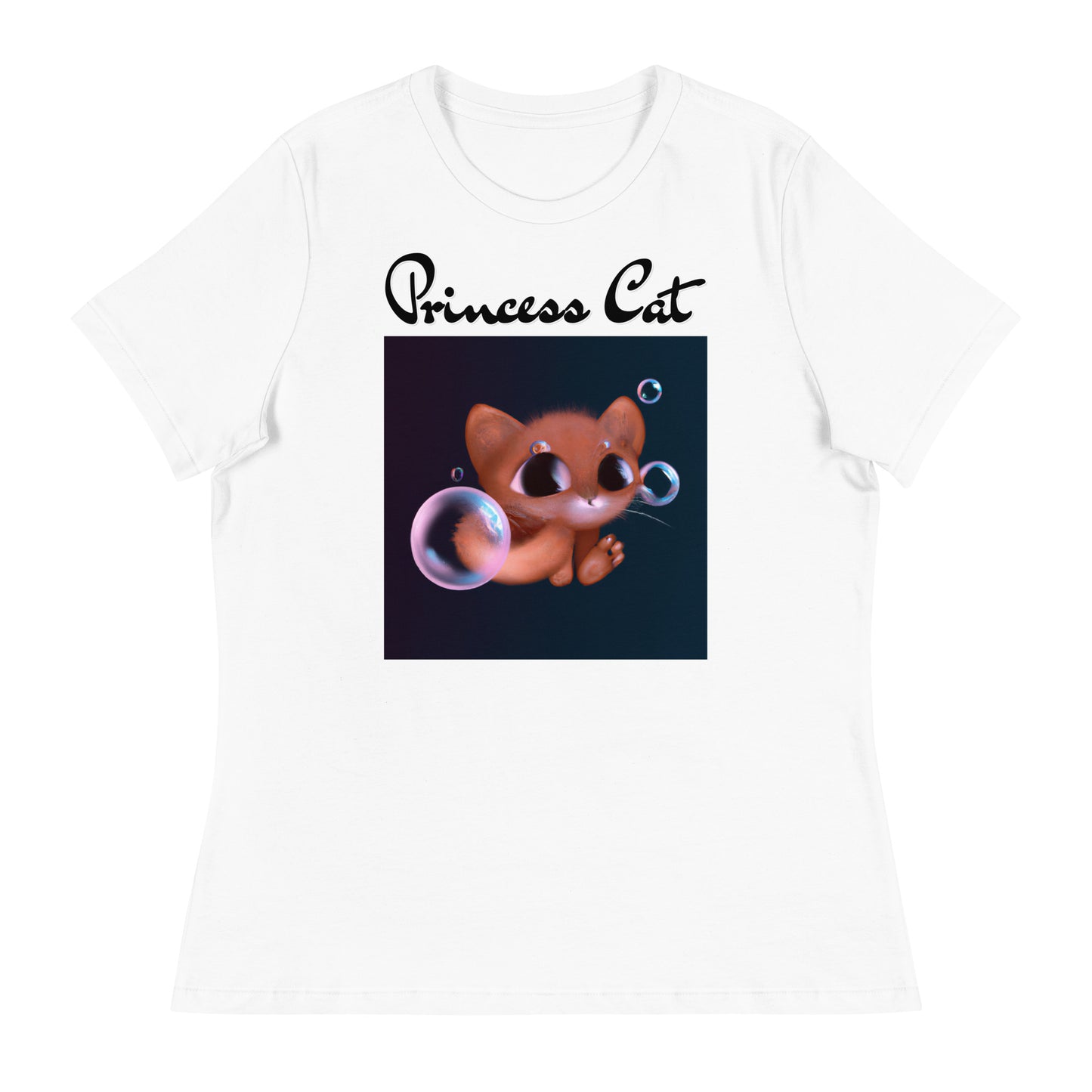 Women's White T-Shirt with Kitten And Soap Bubbles with a text "Princess Cat" at $25.97 found at Personalizedpetlovergifts