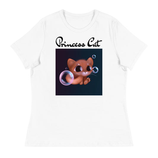 Women's White T-Shirt with Kitten And Soap Bubbles with a text "Princess Cat" at $25.97 found at Personalizedpetlovergifts