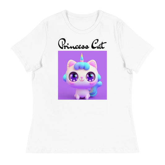 Women's White T-Shirt with Happy Unicorn Kitten with a text "Princess Cat" at $25.97 found at Personalizedpetlovergifts