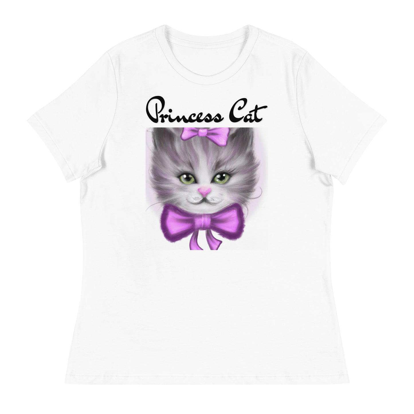 Women's White T-Shirt with Happy Kitten With a Purple Bow with a text "Princess Cat" at $25.97 found at Personalizedpetlovergifts