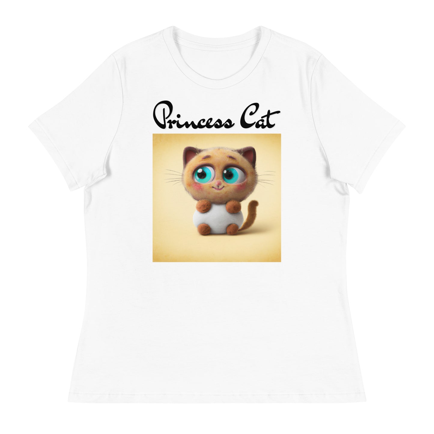 Women's White T-Shirt with Happy Fluffy Kitten with a text "Princess Cat" at $25.97 found at Personalizedpetlovergifts