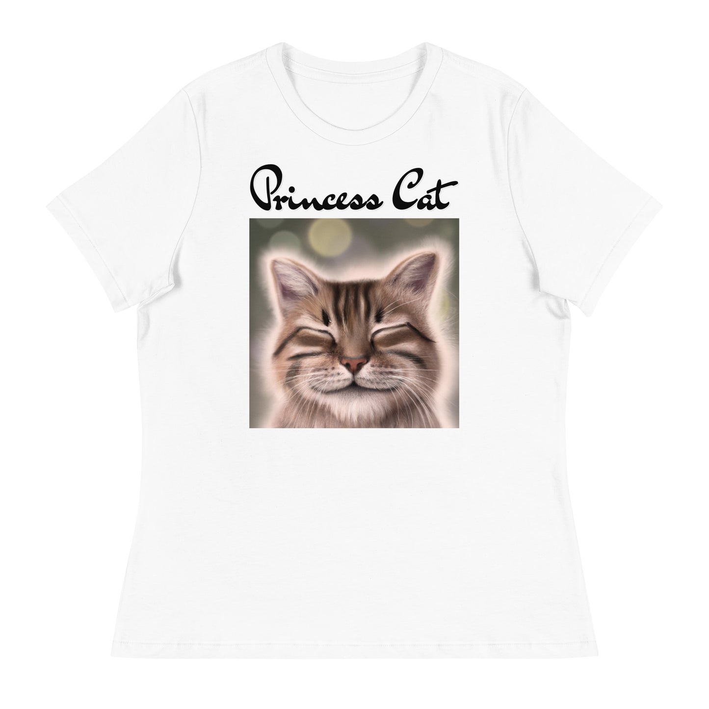 Women's White T-Shirt with Happy Cat with a text "Princess Cat" at $25.97 found at Personalizedpetlovergifts