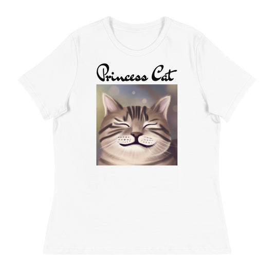 Women's White T-Shirt with Happy Cat Purring with a text "Princess Cat" at $25.97 found at Personalizedpetlovergifts