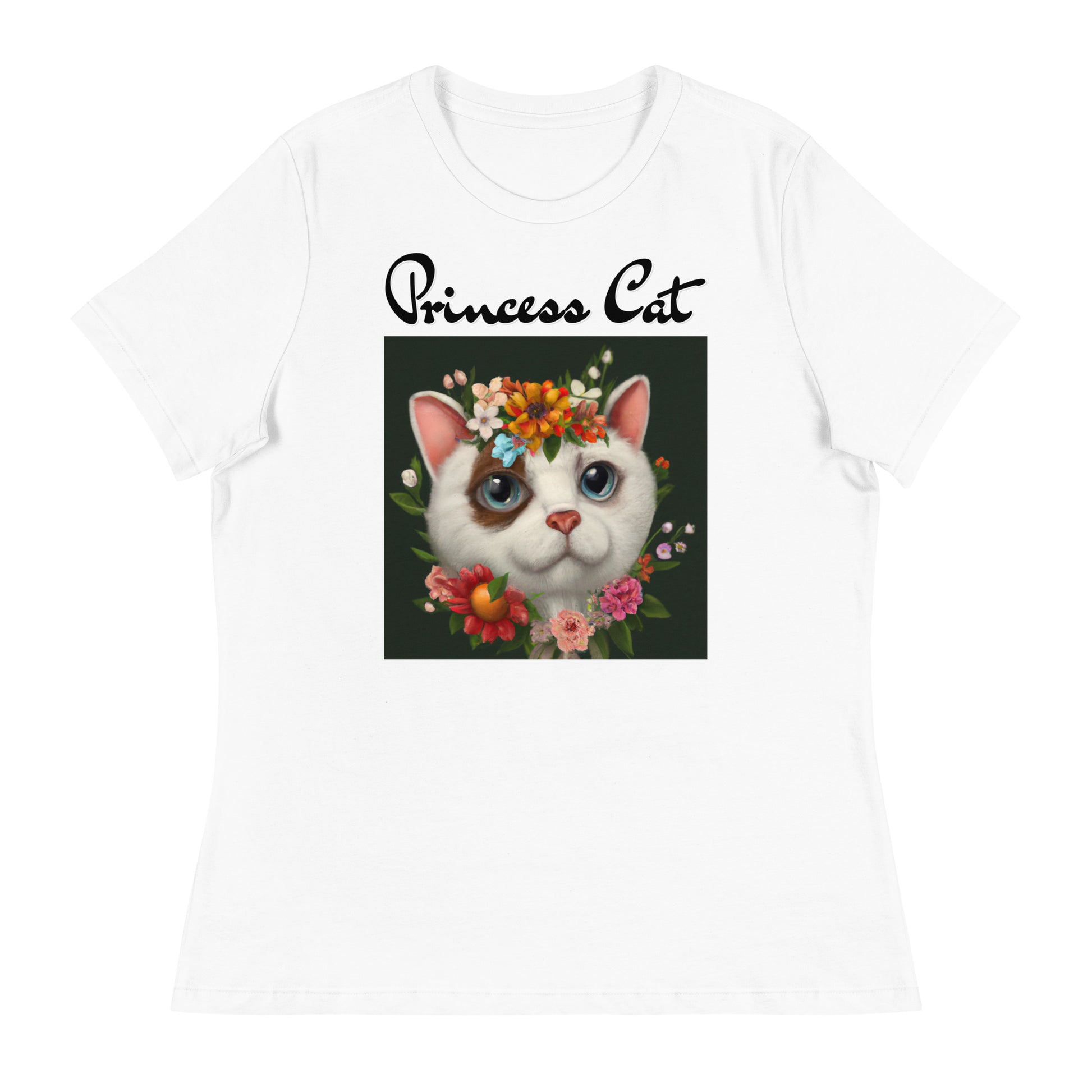 Women's White T-Shirt with Happy Cat Portrait With Flowers with a text "Princess Cat" at $25.97 found at Personalizedpetlovergifts