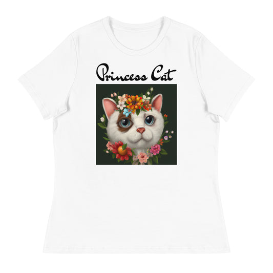 Women's White T-Shirt with Happy Cat Portrait With Flowers with a text "Princess Cat" at $25.97 found at Personalizedpetlovergifts