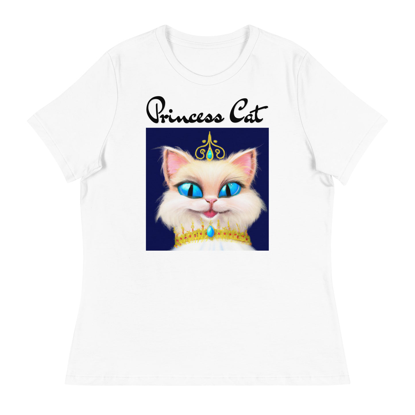 Women's White T-Shirt with Happy Blue Eyed Kitten Princess with a text "Princess Cat" at $25.97 found at Personalizedpetlovergifts