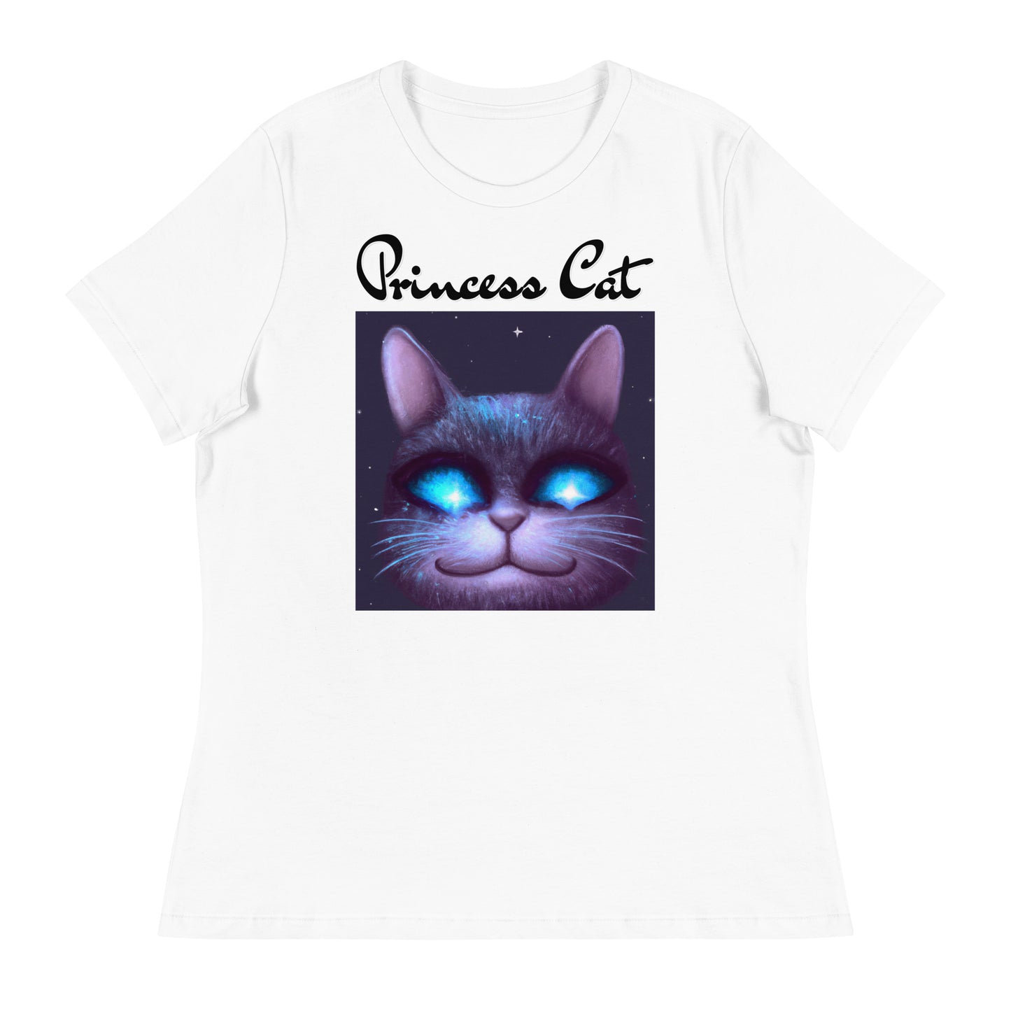 Women's White T-Shirt with Happy Blue Eyed Cat with a text "Princess Cat" at $25.97 found at Personalizedpetlovergifts