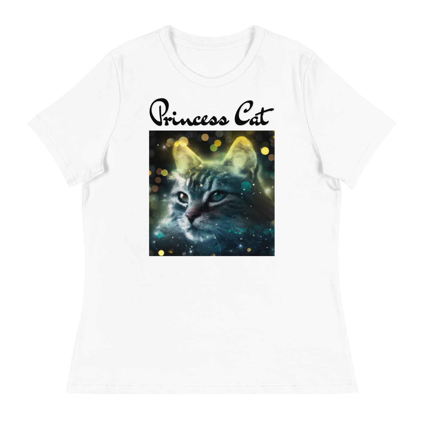 Women's White T-Shirt with Green Space Cat with a text "Princess Cat" at $25.97 found at Personalizedpetlovergifts