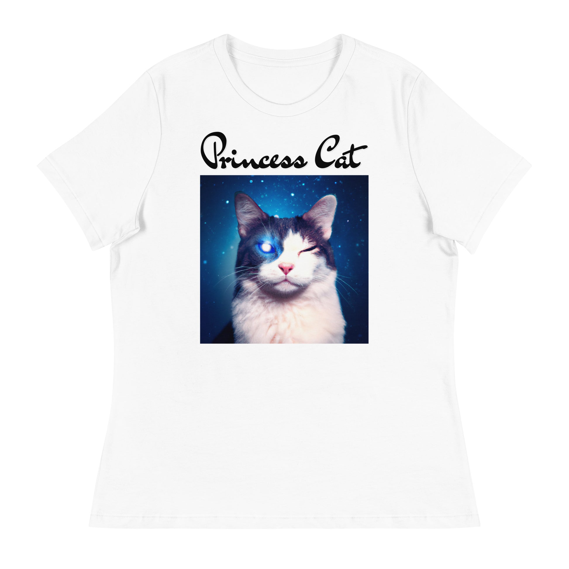 Women's White T-Shirt with Galaxy Eyed Cat with a text "Princess Cat" at $25.97 found at Personalizedpetlovergifts