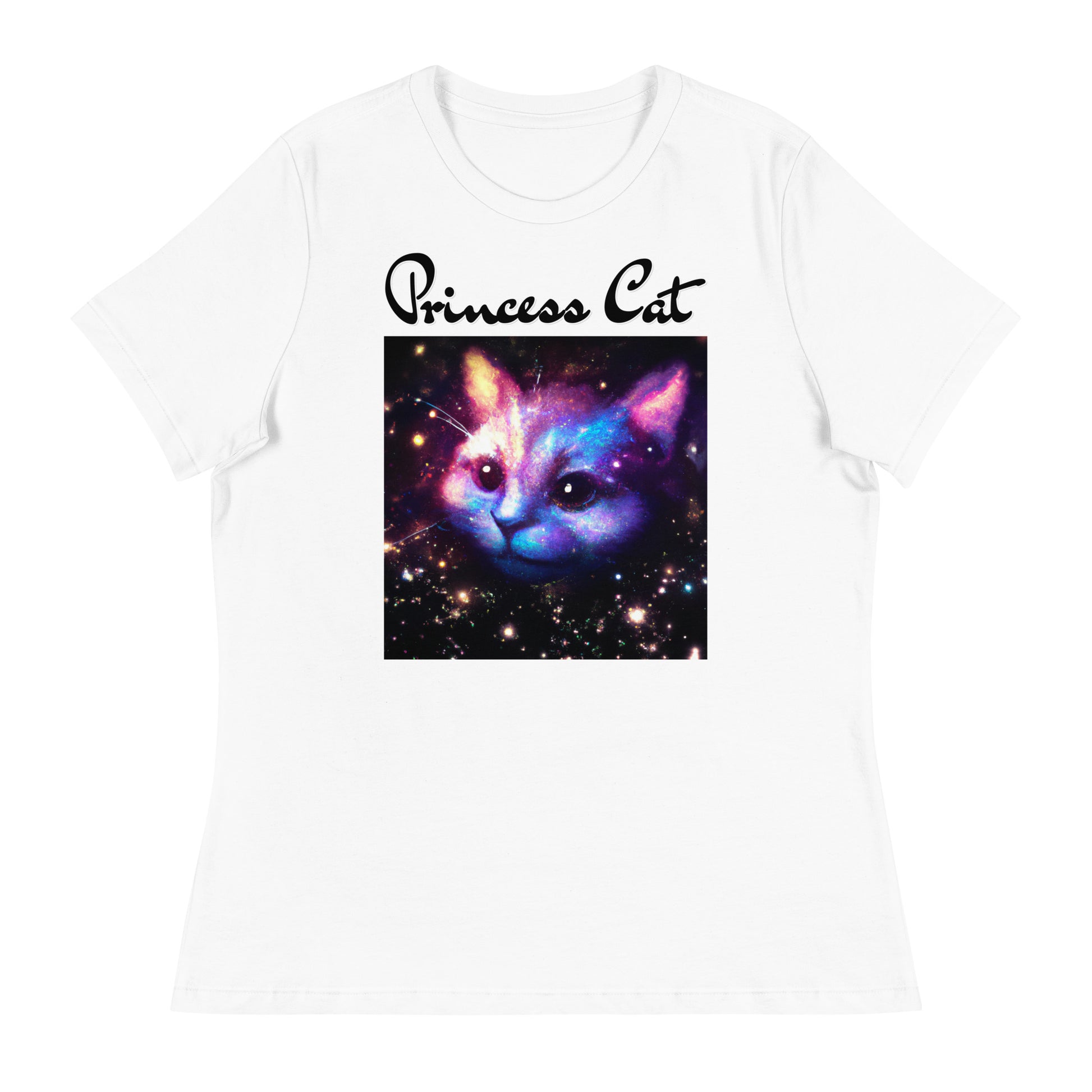 Women's White T-Shirt with Galaxy Cat with a text "Princess Cat" at $25.97 found at Personalizedpetlovergifts