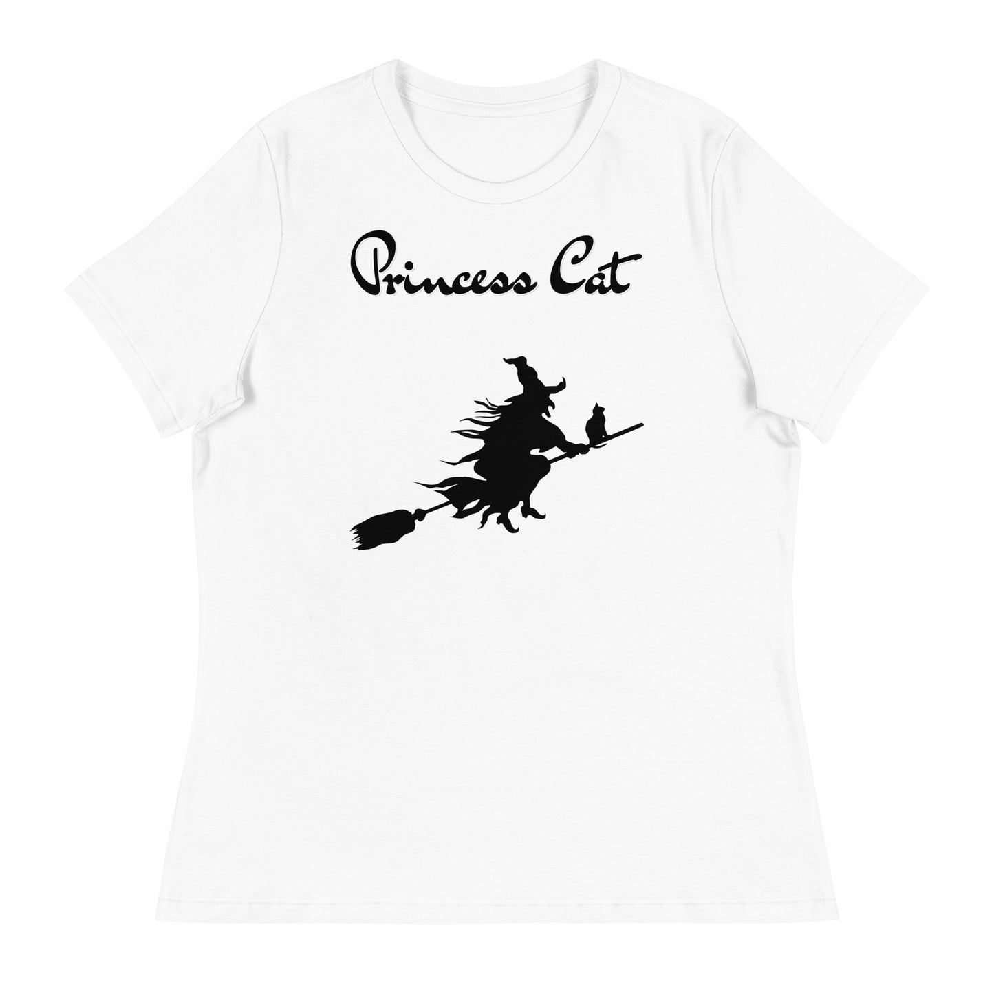 Women's White T-Shirt with Flying Witch With Cat On a Broom with a text "Princess Cat" at $25.97 found at Personalizedpetlovergifts