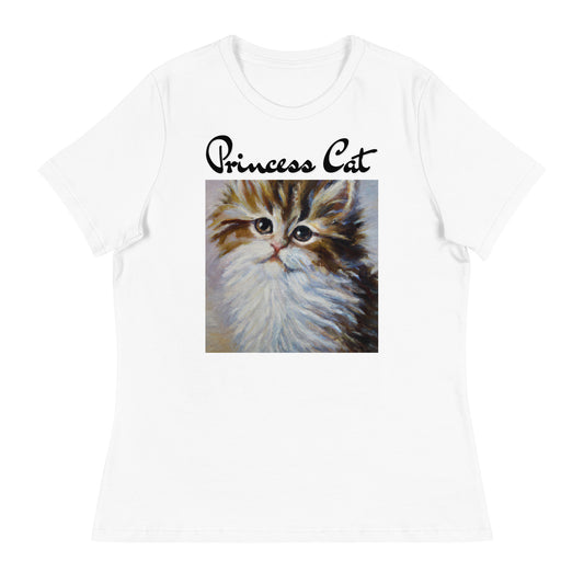 Women's White T-Shirt with Fluffy Wispy Kitten Oil Painting with a text "Princess Cat" at $25.97 found at Personalizedpetlovergifts