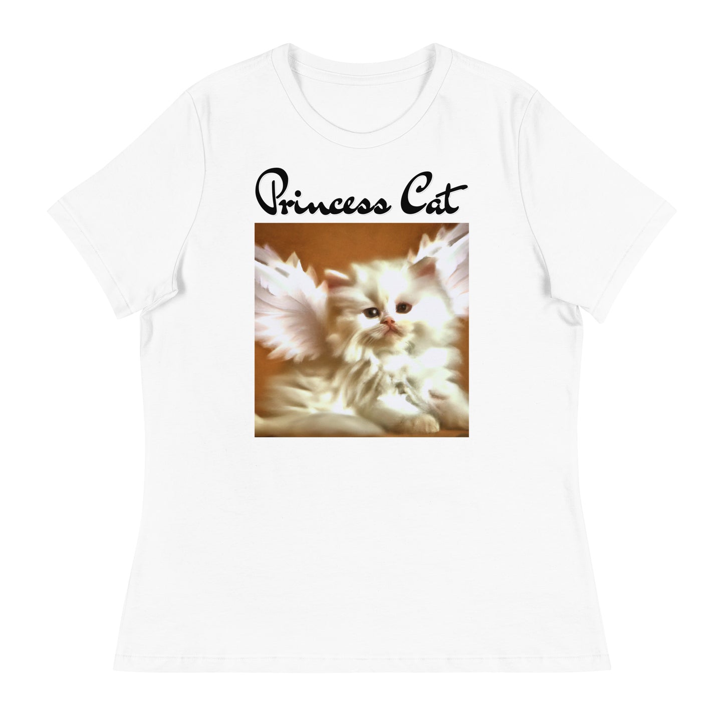 Women's White T-Shirt with Fluffy White Kitten With Angel Wings with a text "Princess Cat" at $25.97 found at Personalizedpetlovergifts