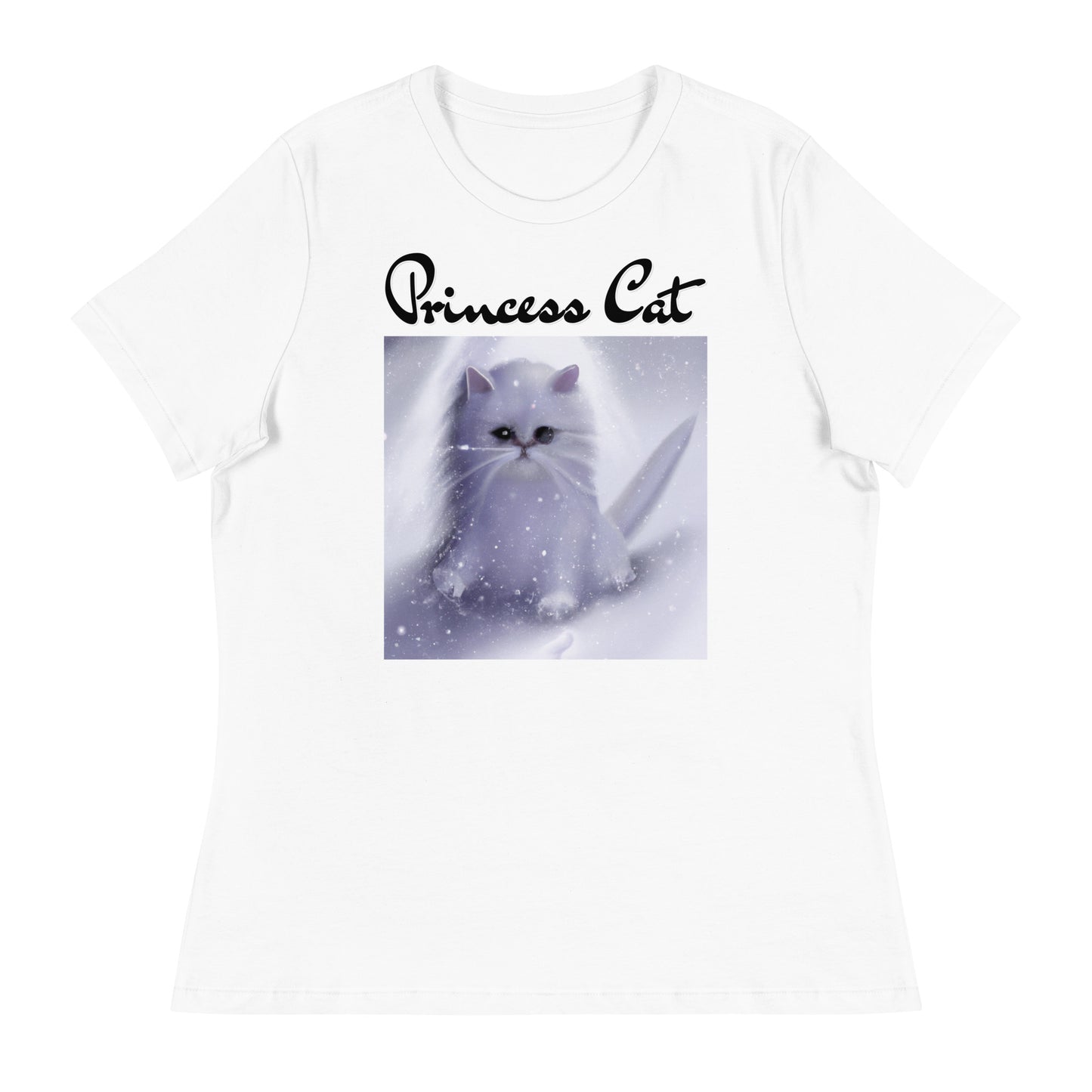 Women's White T-Shirt with Fluffy White Kitten In The SNow with a text "Princess Cat" at $25.97 found at Personalizedpetlovergifts