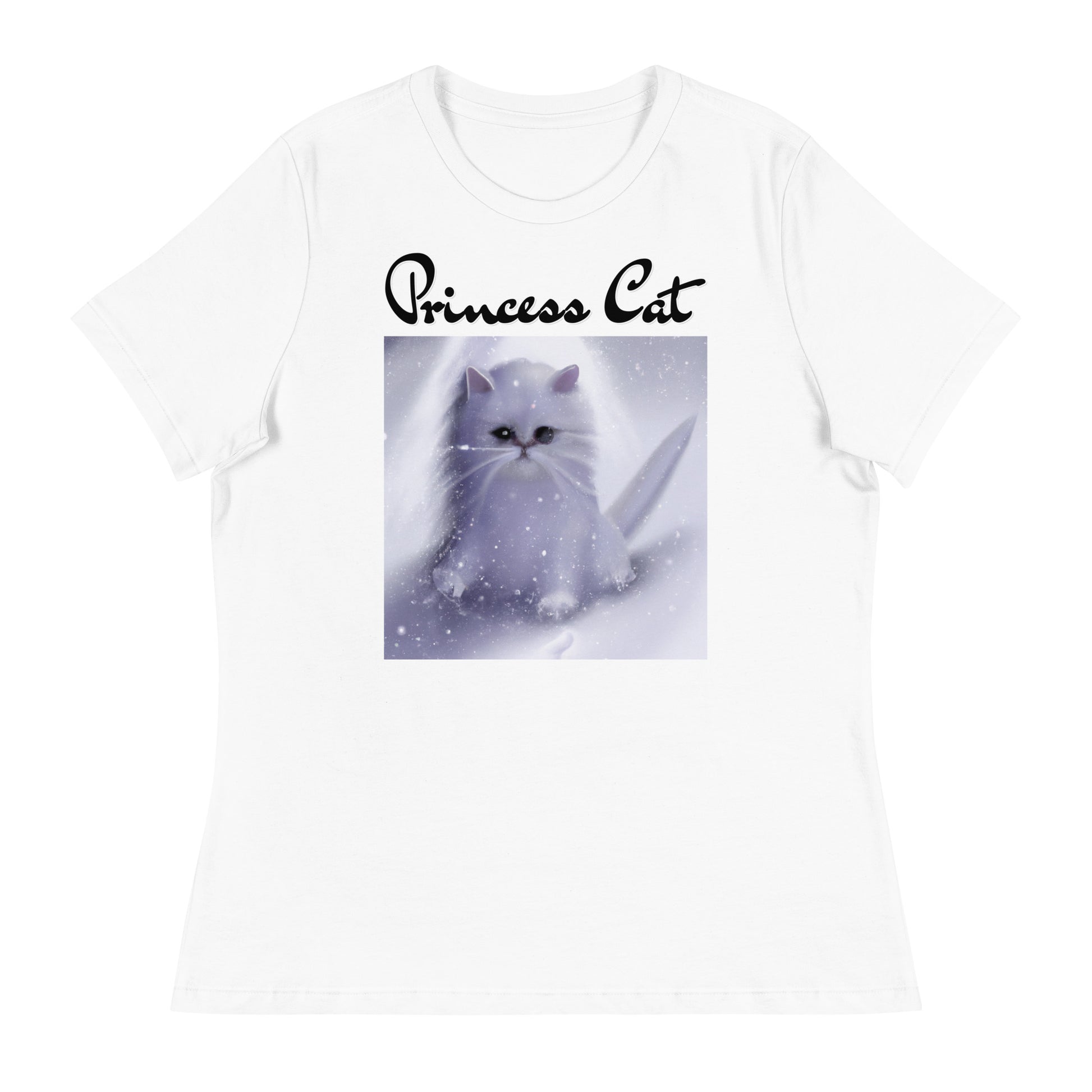 Women's White T-Shirt with Fluffy White Kitten In The SNow with a text "Princess Cat" at $25.97 found at Personalizedpetlovergifts