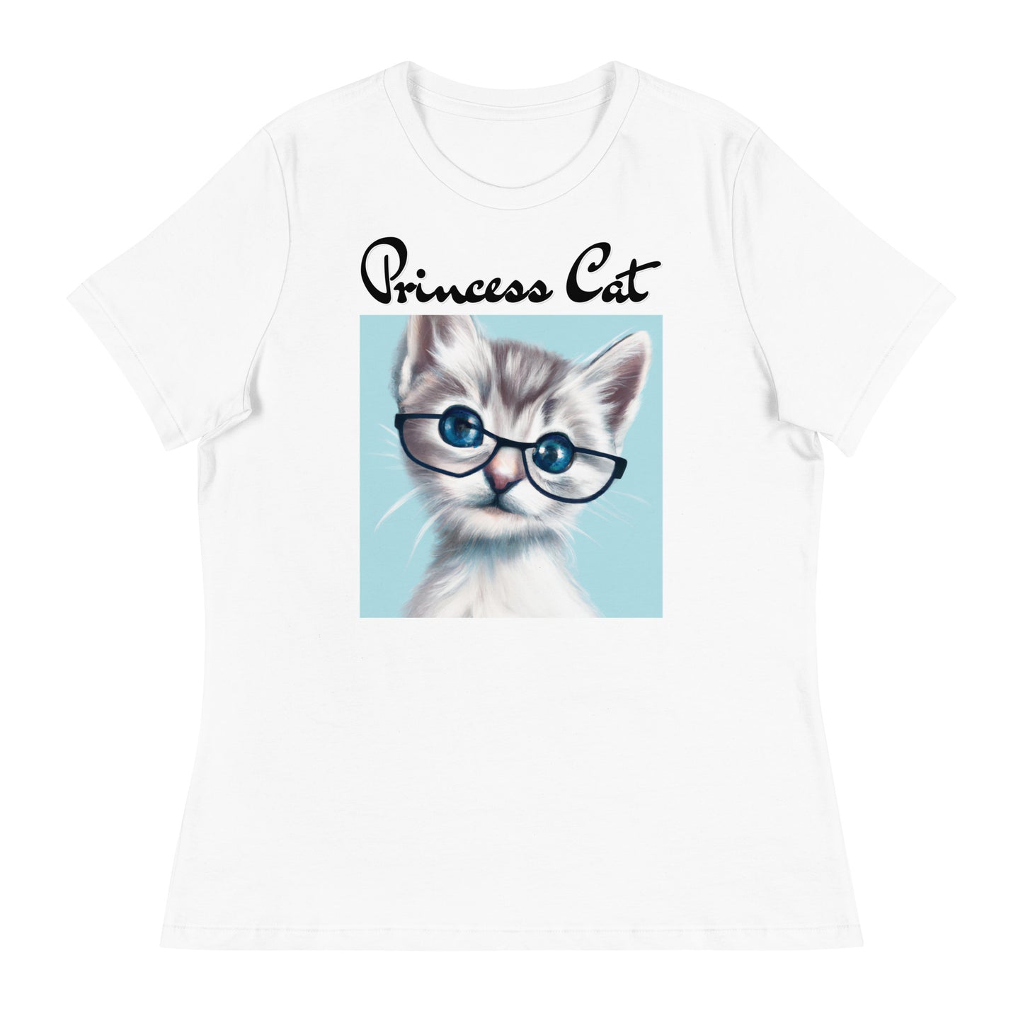 Women's White T-Shirt with Fluffy Kitten With Glasses with a text "Princess Cat" at $25.97 found at Personalizedpetlovergifts