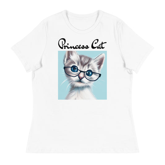 Women's White T-Shirt with Fluffy Kitten With Glasses with a text "Princess Cat" at $25.97 found at Personalizedpetlovergifts