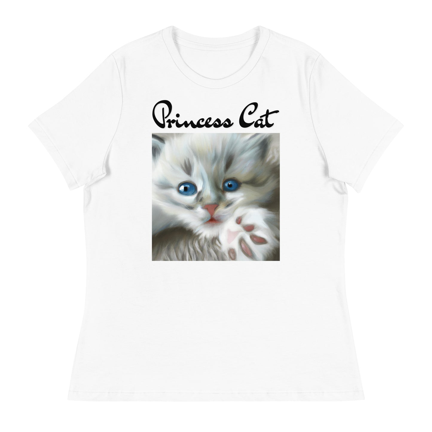 Women's White T-Shirt with Fluffy Kitten With Fluffy Paw with a text "Princess Cat" at $25.97 found at Personalizedpetlovergifts