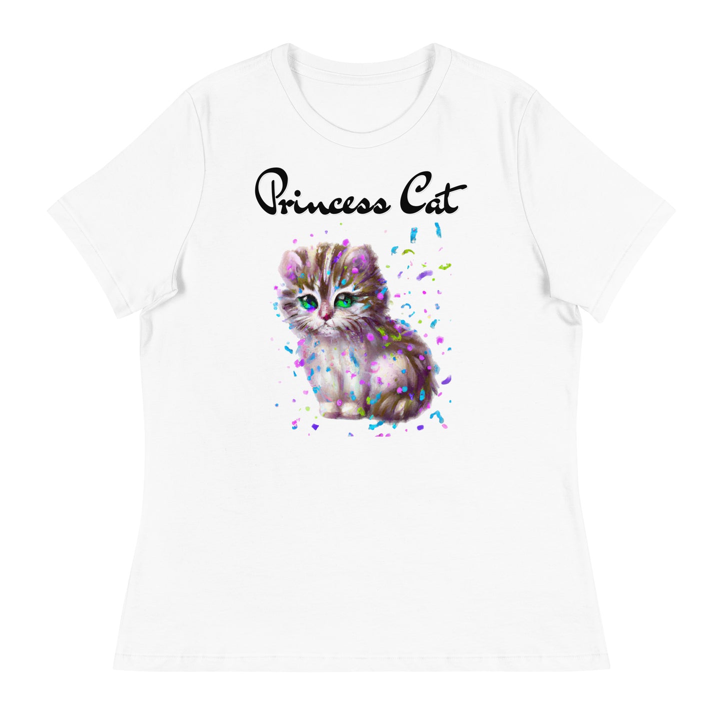 Women's White T-Shirt with Fluffy Kitten With Confetti with a text "Princess Cat" at $25.97 found at Personalizedpetlovergifts