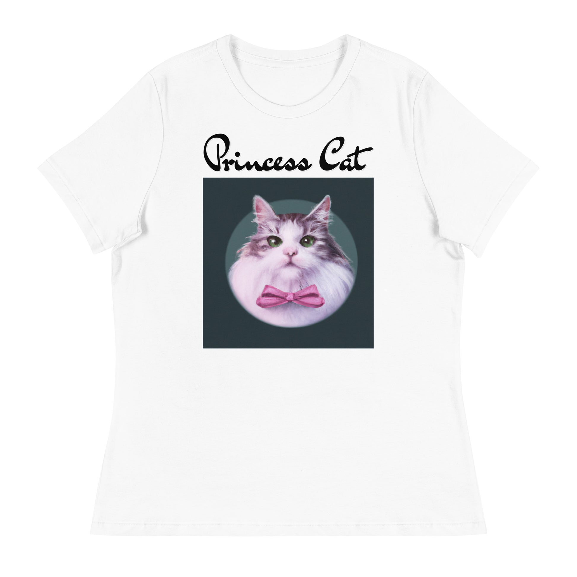 Women's White T-Shirt with Fluffy Kitten With a Pink Bow with a text "Princess Cat" at $25.97 found at Personalizedpetlovergifts