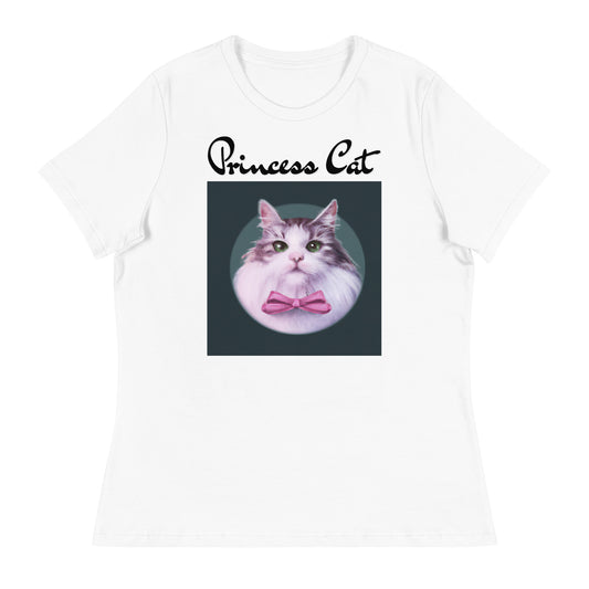 Women's White T-Shirt with Fluffy Kitten With a Pink Bow with a text "Princess Cat" at $25.97 found at Personalizedpetlovergifts