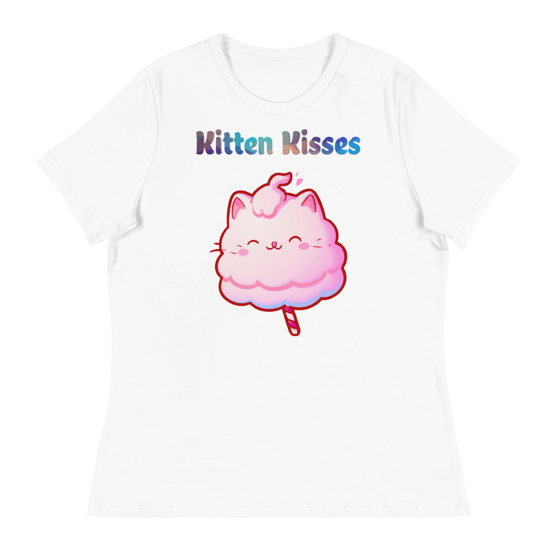 Women's White T-Shirt with Cotton Candy Cat with a text "Kitten Kisses" at $25.97 found at Personalizedpetlovergifts