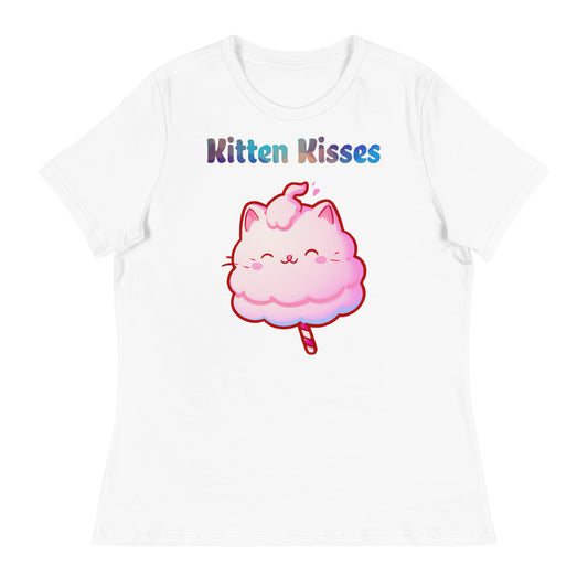 Women's White T-Shirt with Cotton Candy Cat with a text "Kitten Kisses" at $25.97 found at Personalizedpetlovergifts