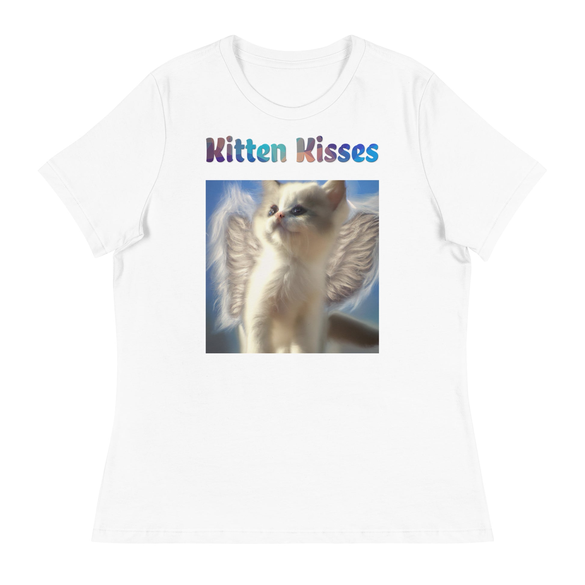 Women's White T-Shirt with Cute Angel Kitten With Wings with a text "Kitten Kisses" at $25.97 found at Personalizedpetlovergifts