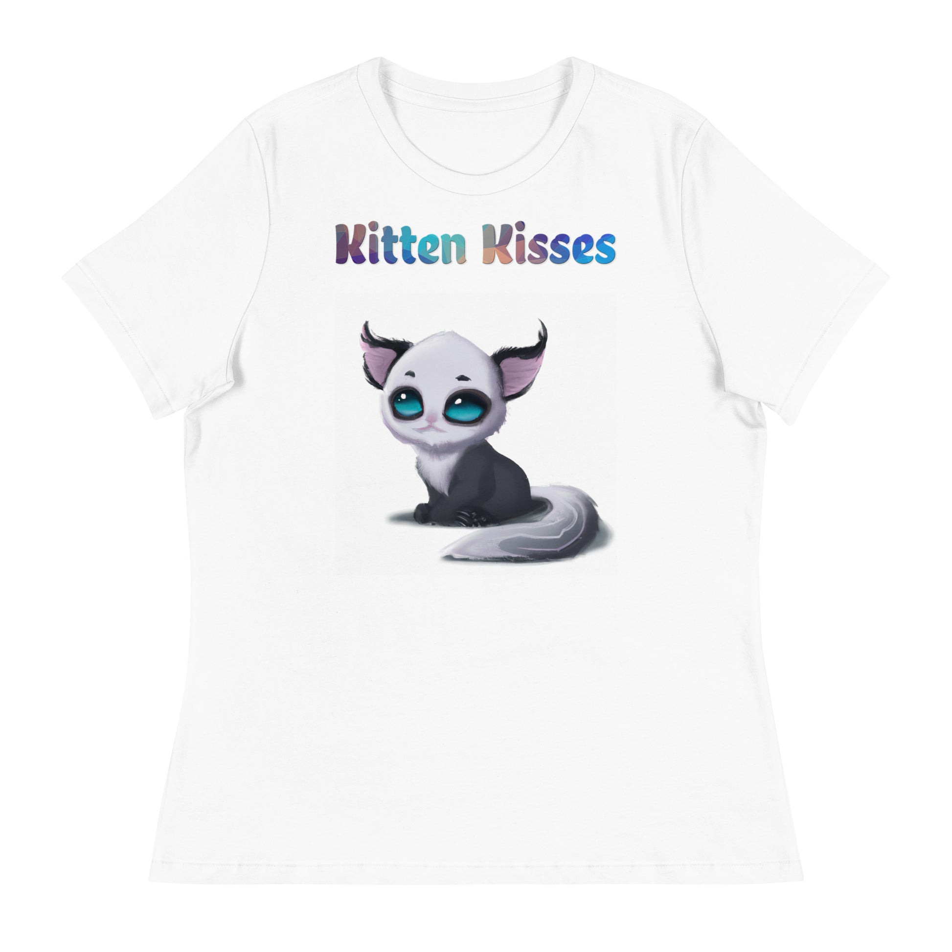 Women's White T-Shirt with Cute Alien Kitten with a text "Kitten Kisses" at $25.97 found at Personalizedpetlovergifts