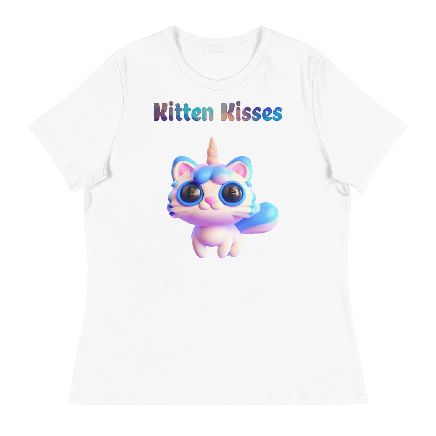 Women's White T-Shirt with Cute 3D Unicorn Cat with a text "Kitten Kisses" at $25.97 found at Personalizedpetlovergifts