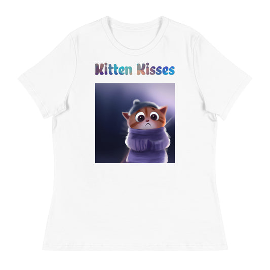 Women's White T-Shirt with Cozy Kitten with a text "Kitten Kisses" at $25.97 found at Personalizedpetlovergifts