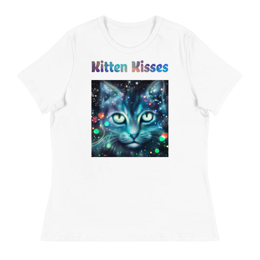 Women's White T-Shirt with Cosmic Cat with a text "Kitten Kisses" at $25.97 found at Personalizedpetlovergifts