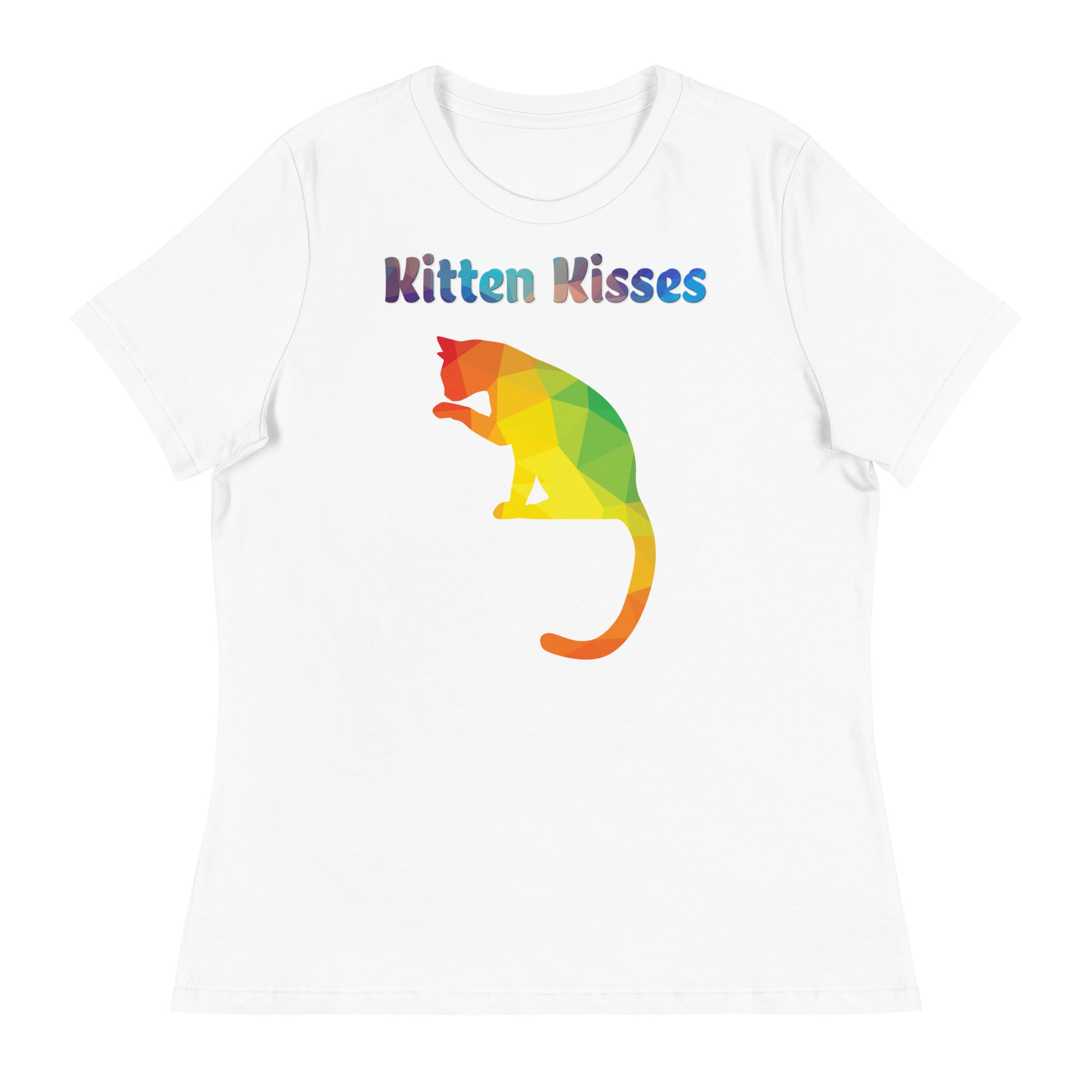 Women's White T-Shirt with Colorful Cat Silhouette with a text "Kitten Kisses" at $25.97 found at Personalizedpetlovergifts