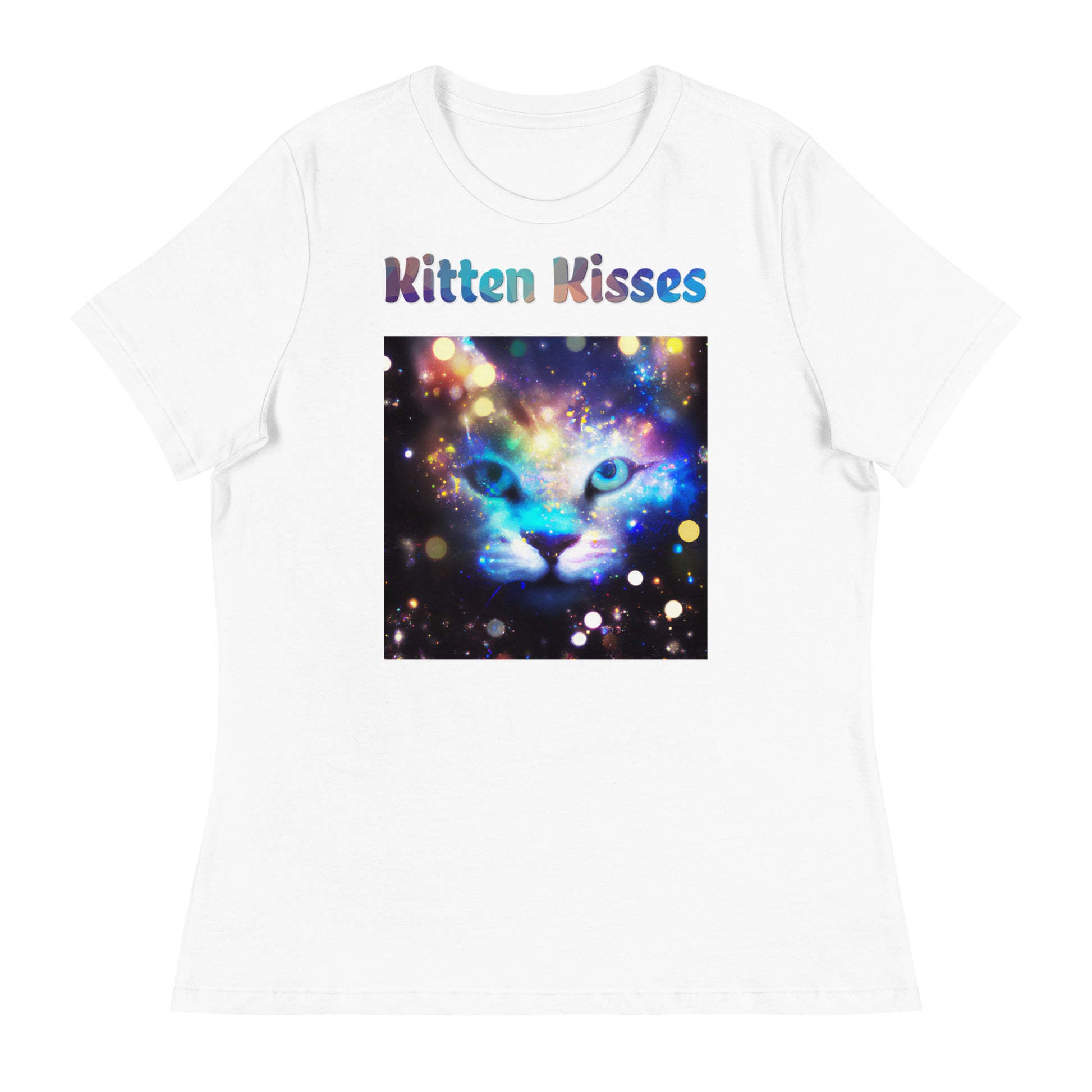 Women's White T-Shirt with Colorful Cat Photo with a text "Kitten Kisses" at $25.97 found at Personalizedpetlovergifts