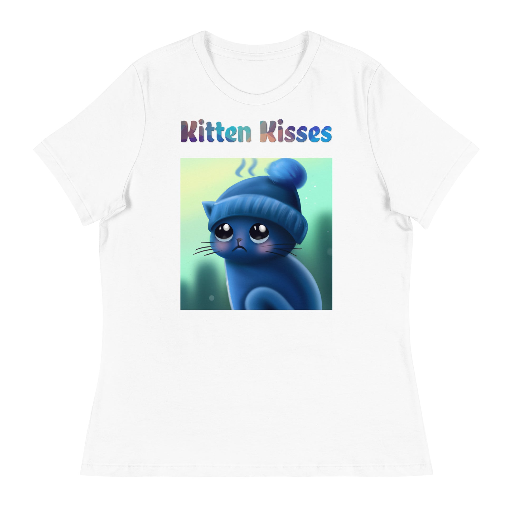 Women's White T-Shirt with Cold Kitten In a Hat with a text "Kitten Kisses" at $25.97 found at Personalizedpetlovergifts