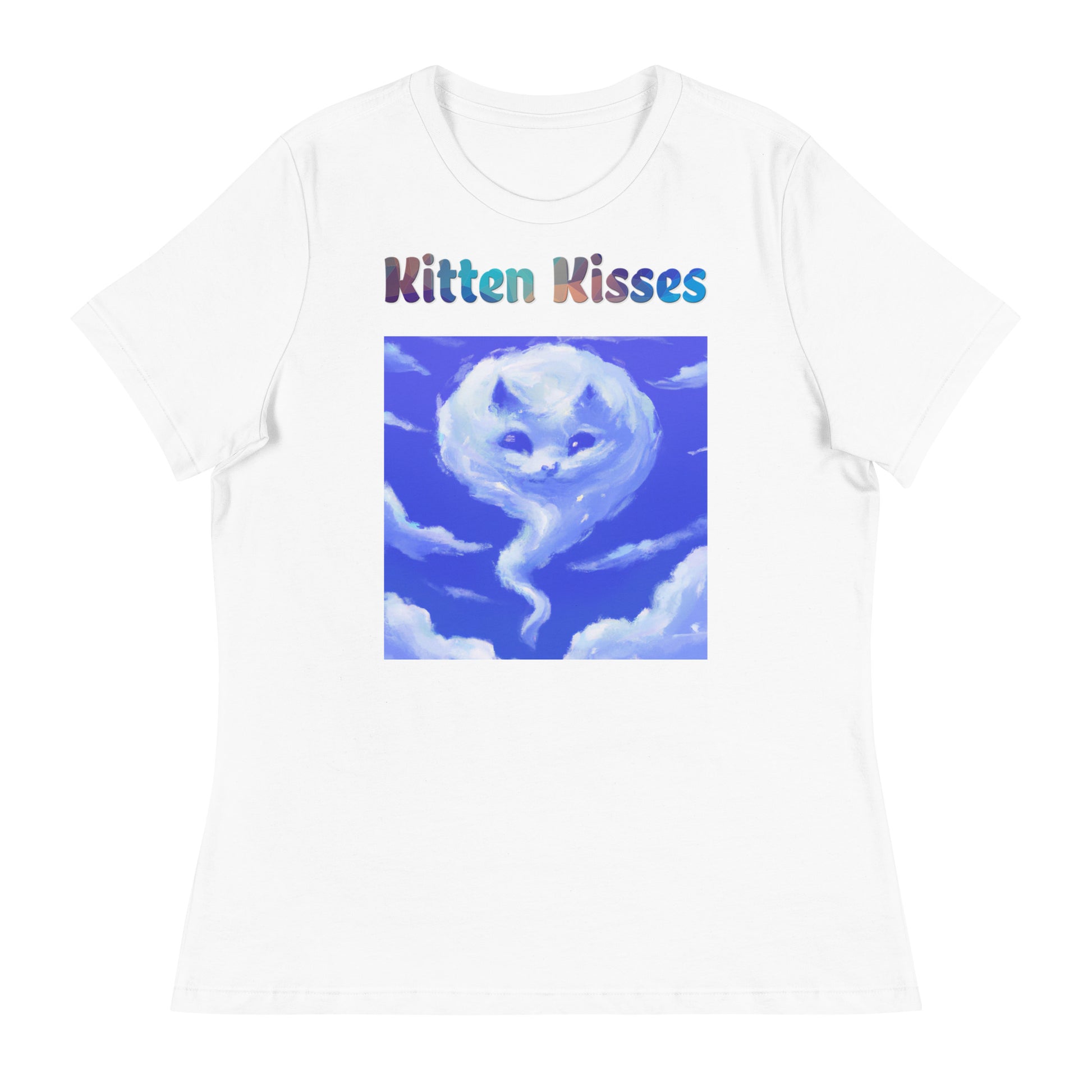 Women's White T-Shirt with Cloud With a Cat Face with a text "Kitten Kisses" at $25.97 found at Personalizedpetlovergifts