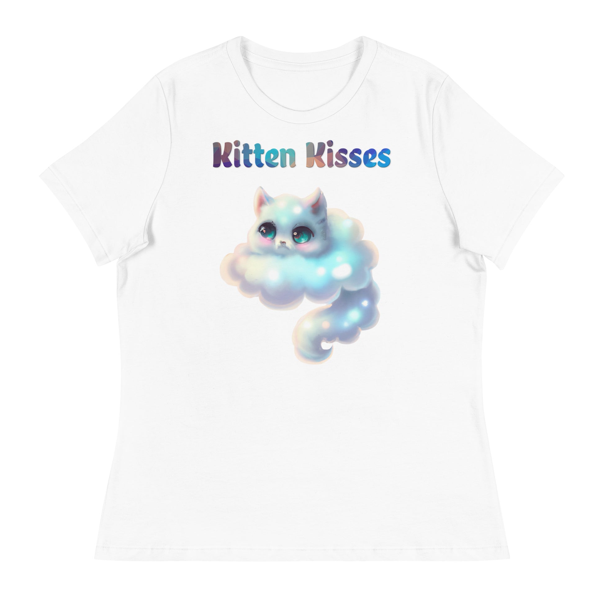 Women's White T-Shirt with Cloud Shaped Kitten with a text "Kitten Kisses" at $25.97 found at Personalizedpetlovergifts